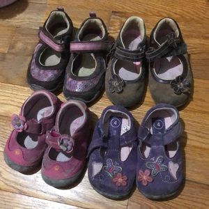 4Shoes: pink flower size3.5, purple butterfly 4, pink sparkle + brown flower 4.5